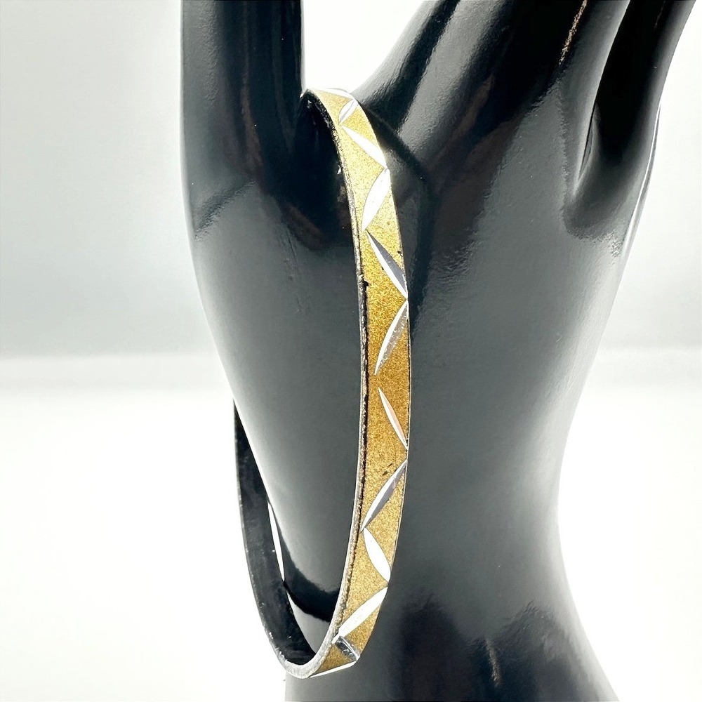 Vintage Two Tone Gold Silver Bangle Bracelet Diamond Cut Geometric Engraved Boho
